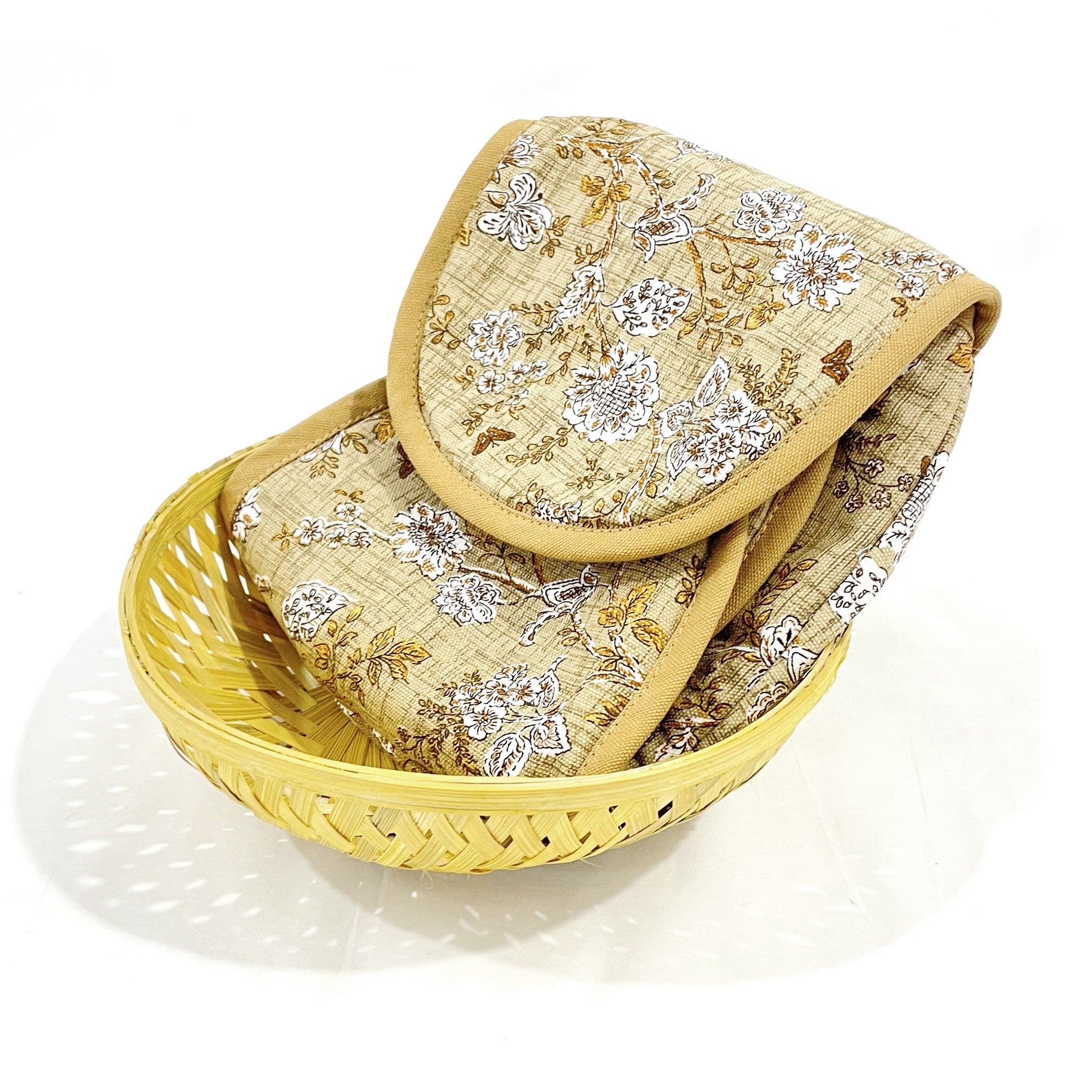 Insulated Cotton Bread Basket - Golden Floral Print