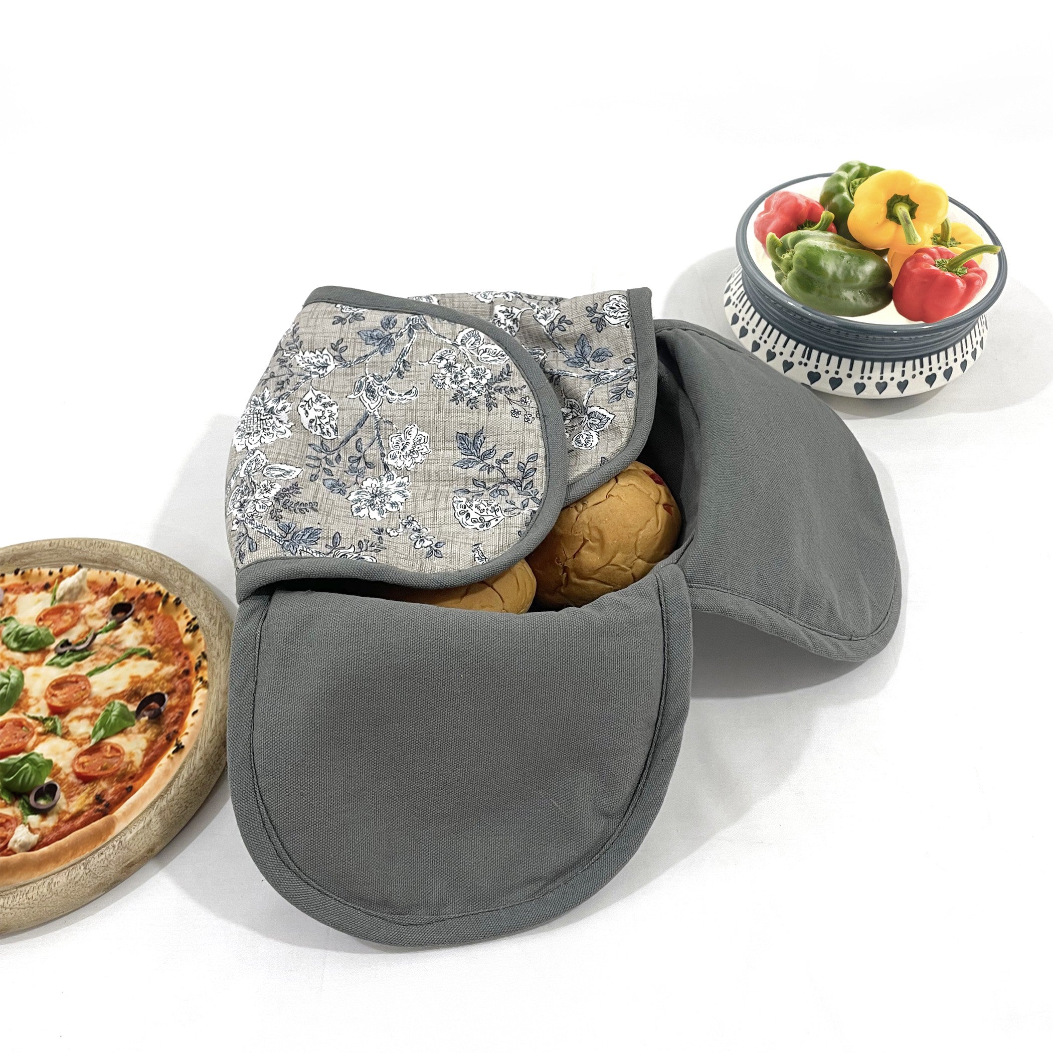 Insulated Cotton Bread Basket - Elegant Grey Floral