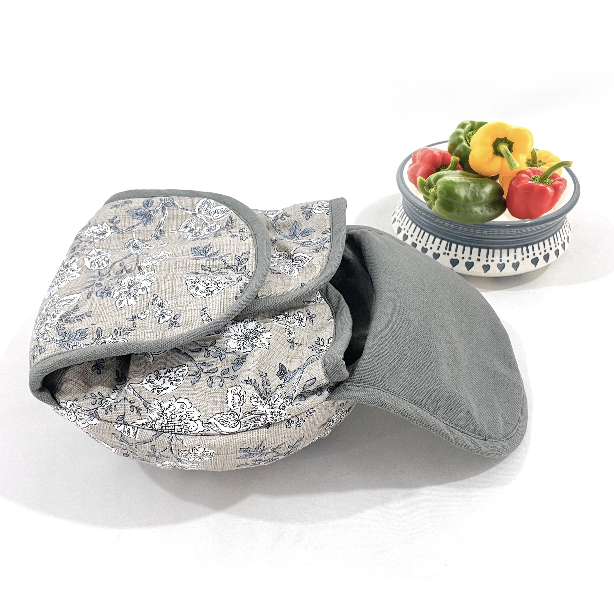 Insulated Cotton Bread Basket - Elegant Grey Floral