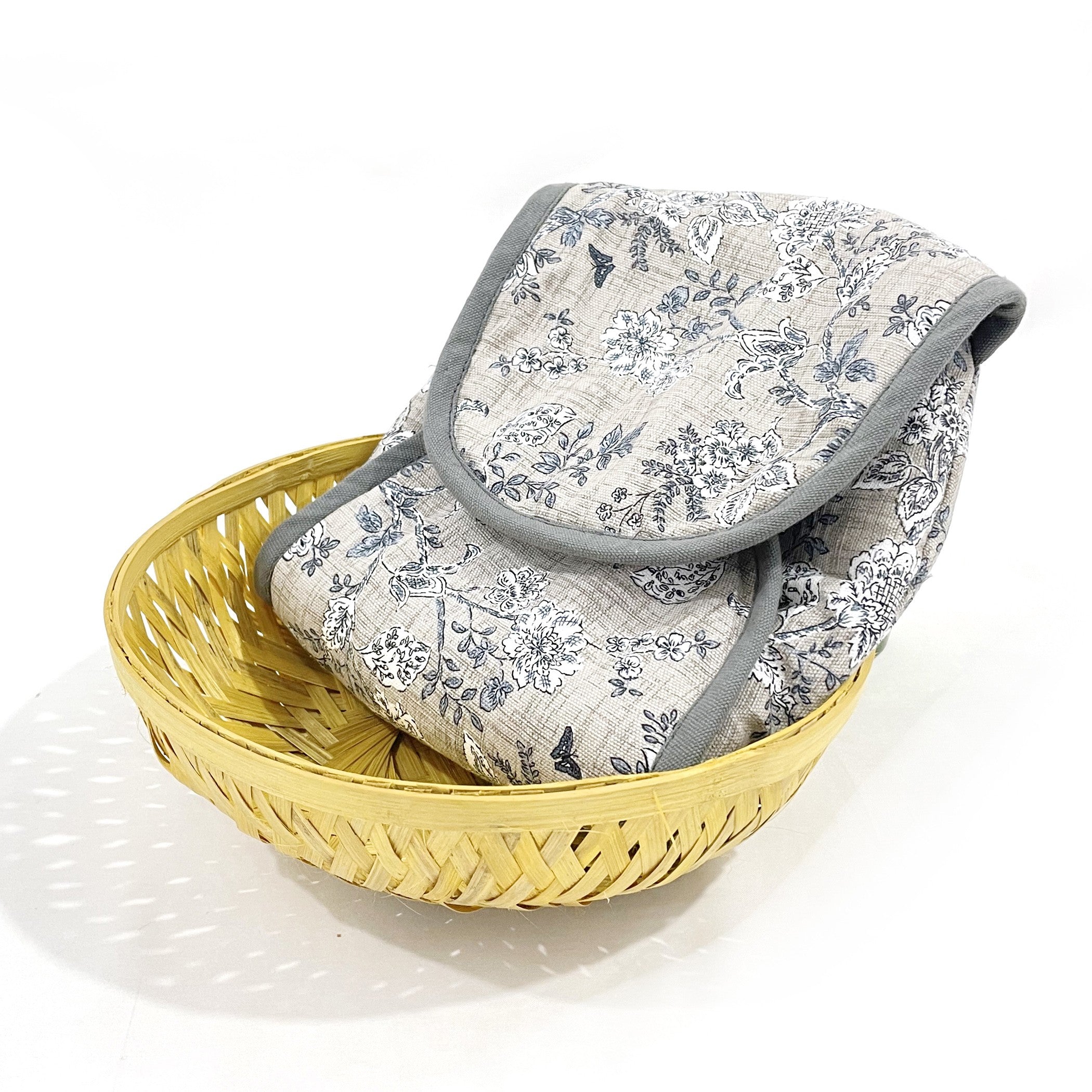Insulated Cotton Bread Basket - Elegant Grey Floral