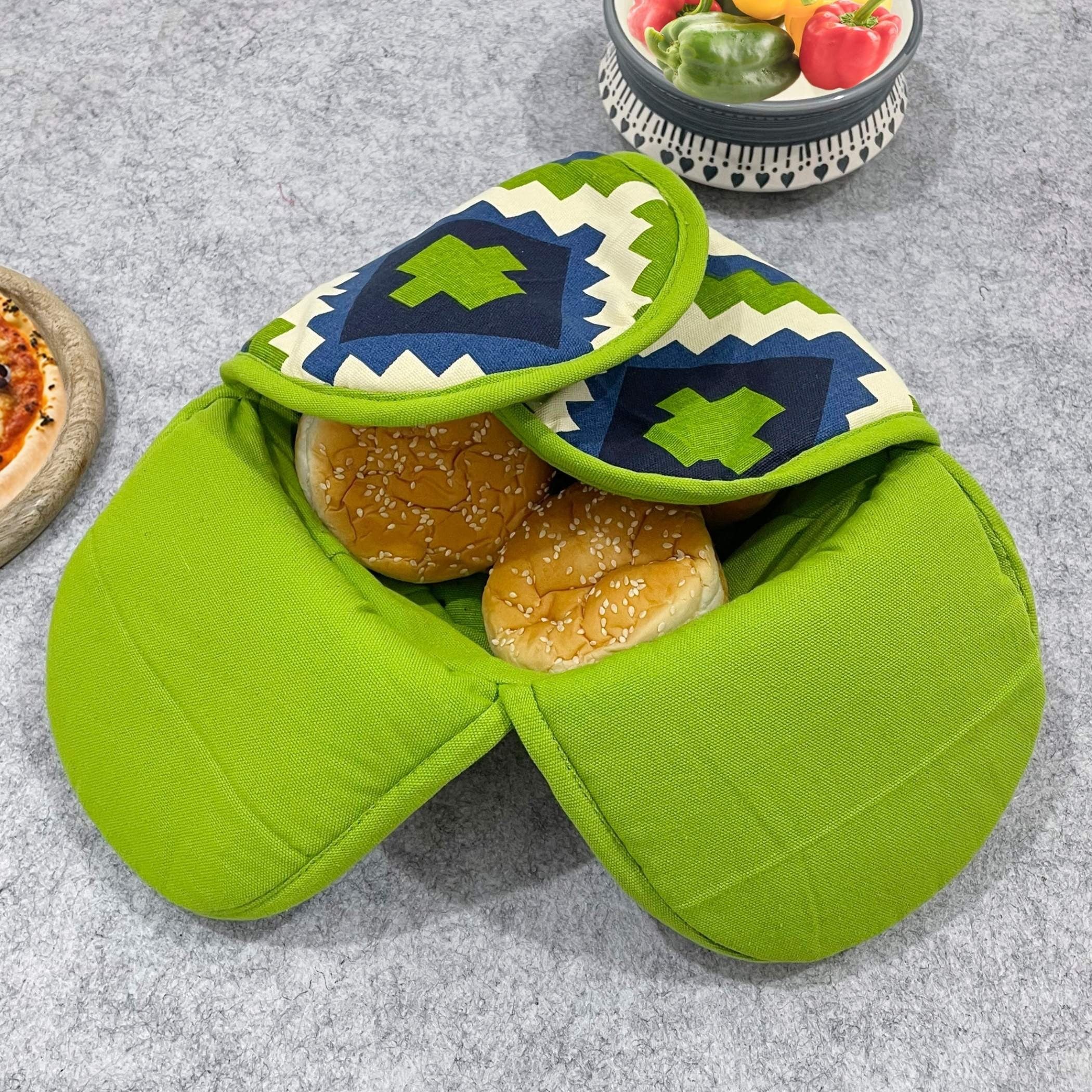 Insulated Cotton Geo Green Bread Basket for Dining Table