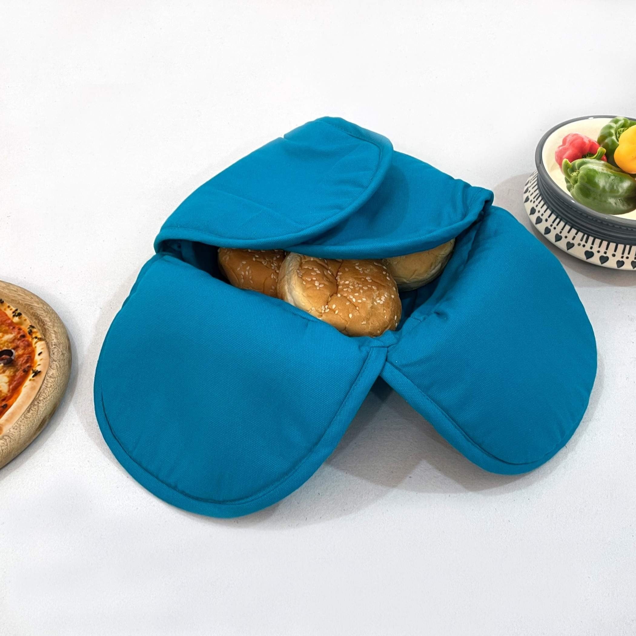 Premium Cotton Bread Basket - Insulated Roti & Bun Warmer Teal Blue