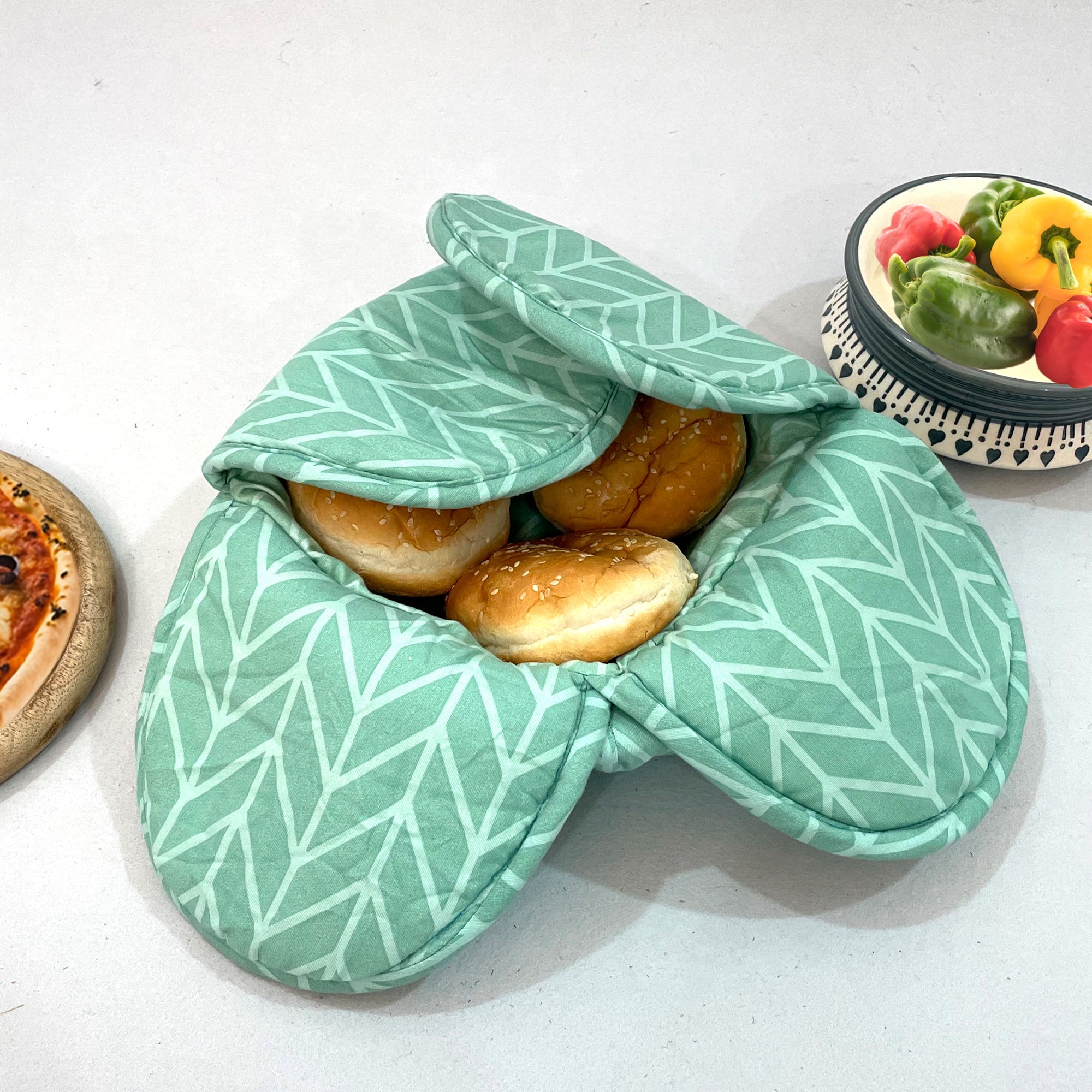 Premium Cotton Insulated Bread Basket - Mint Green with Modern Geometric Print