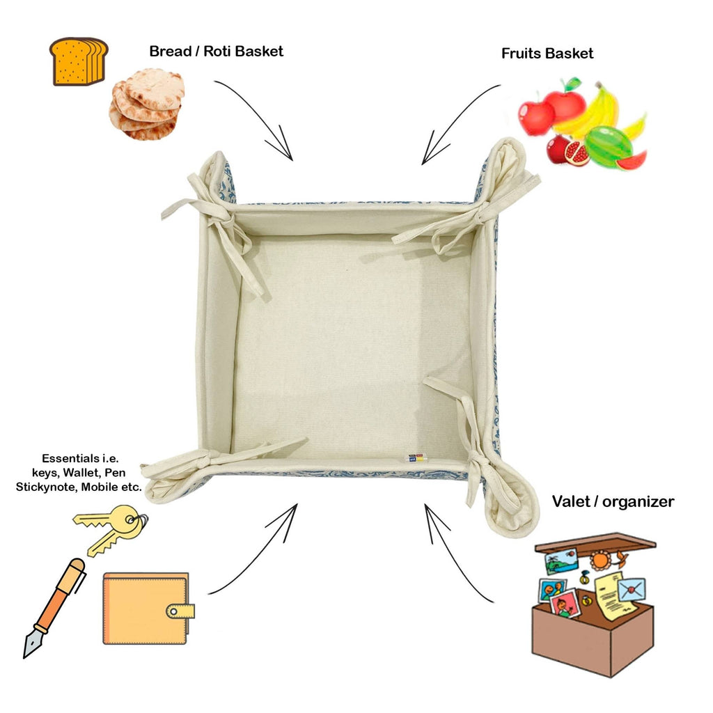 Printed Cotton Fabric Serving Basket - Blue & White