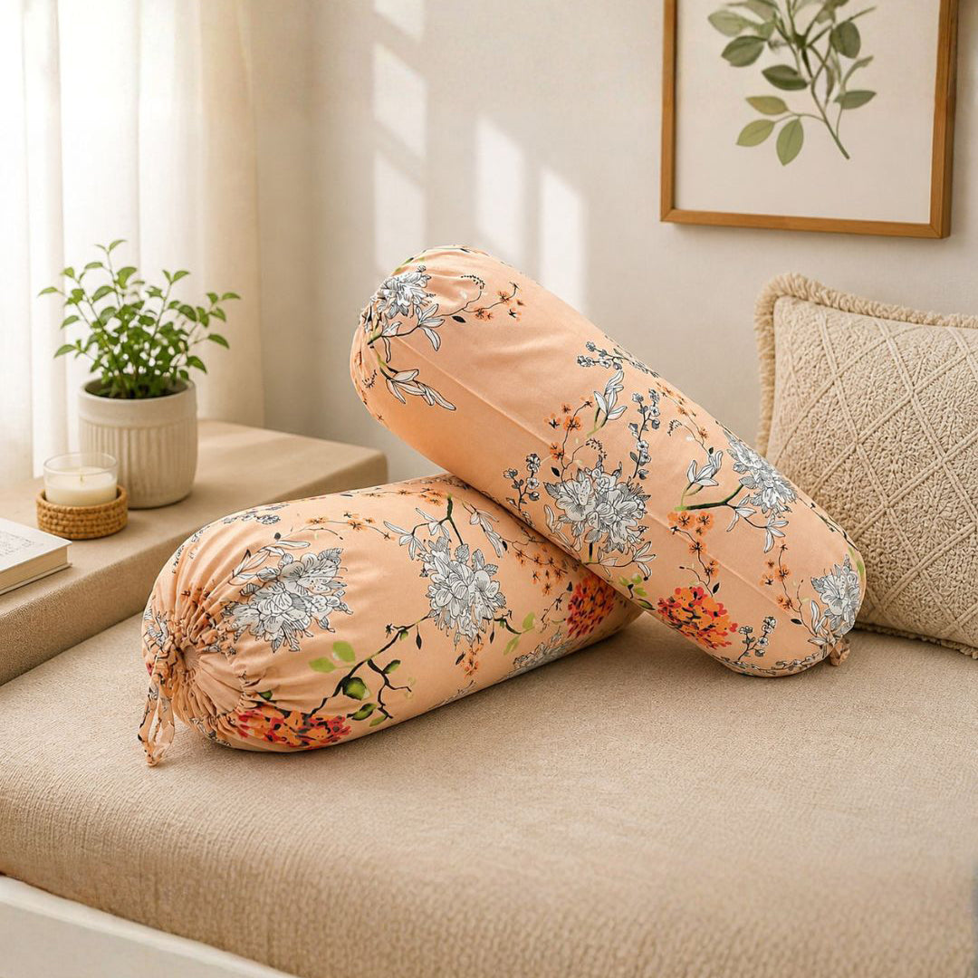 Floral Printed Pure Cotton Peach Bolster Covers 30 x 30 Inches Pack Of 2