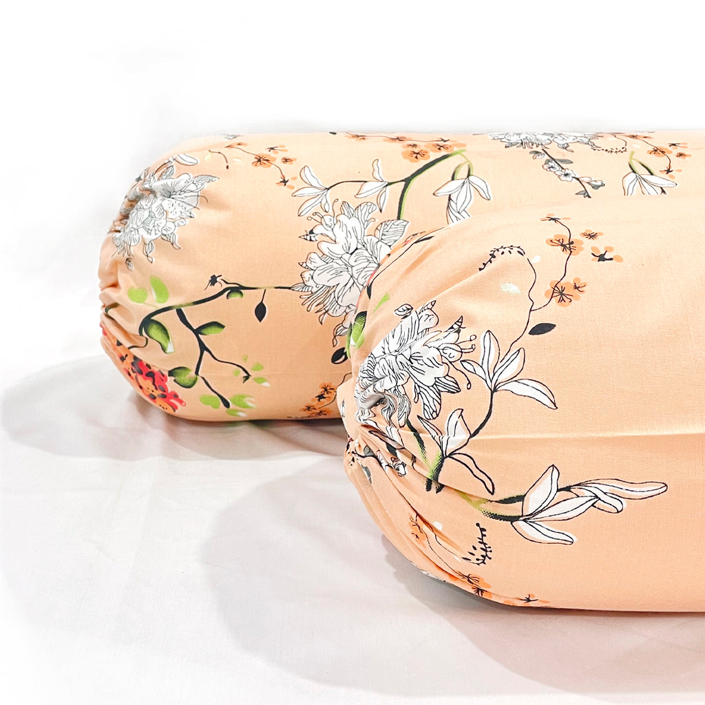 Floral Printed Pure Cotton Peach Bolster Covers 30 x 30 Inches Pack Of 2