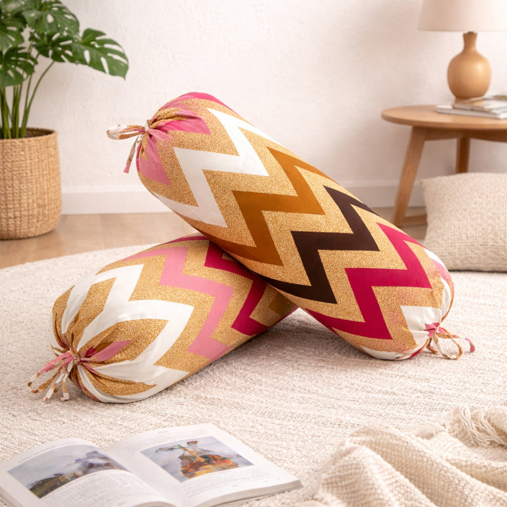 Chevron Geometric Printed Pure Cotton Beige Bolster Covers 30 x 30 Inches Pack Of 2