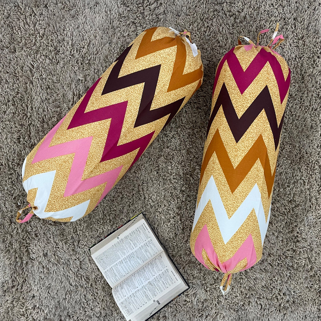 Chevron Geometric Printed Pure Cotton Beige Bolster Covers 30 x 30 Inches Pack Of 2