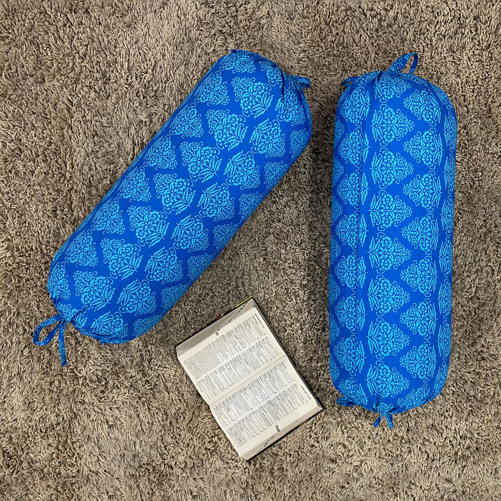 Geometric Block Printed Pure Cotton Blue Bolster Covers 30 x 30 Inches Pack Of 2