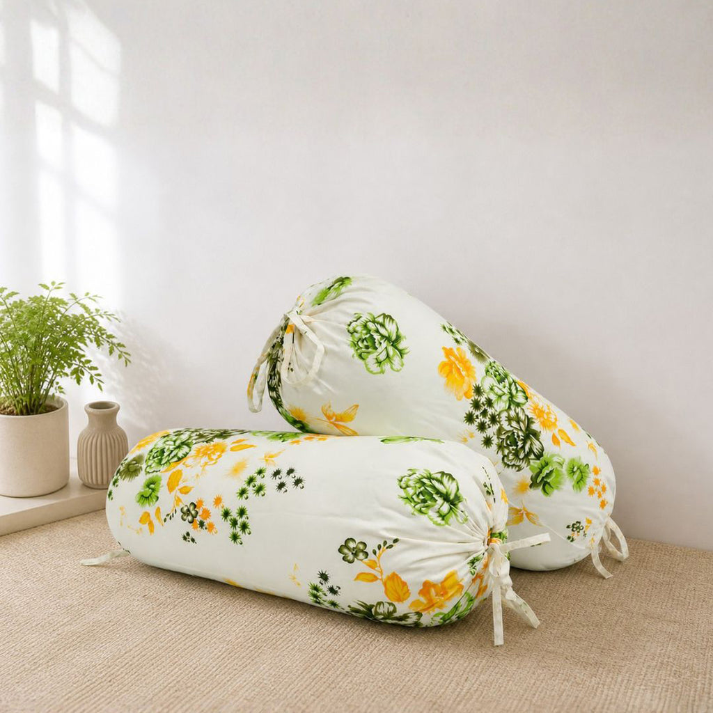 Floral Small Pattern Pure Cotton White Bolster Covers 30 x 30 Inches Pack Of 2