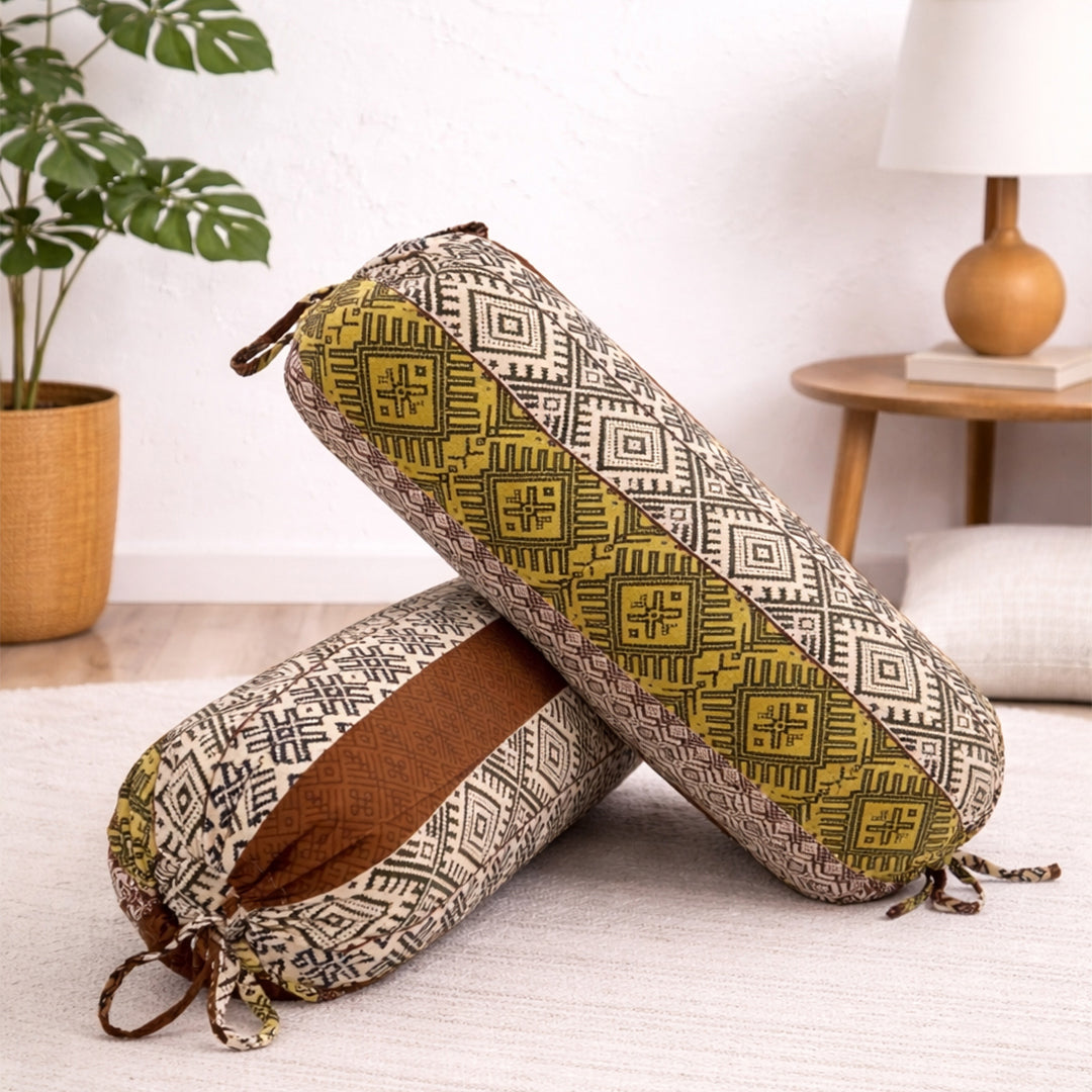 Ethnic Geometric Printed Pure Cotton Beige Bolster Covers 30 x 30 Inches Pack Of 2