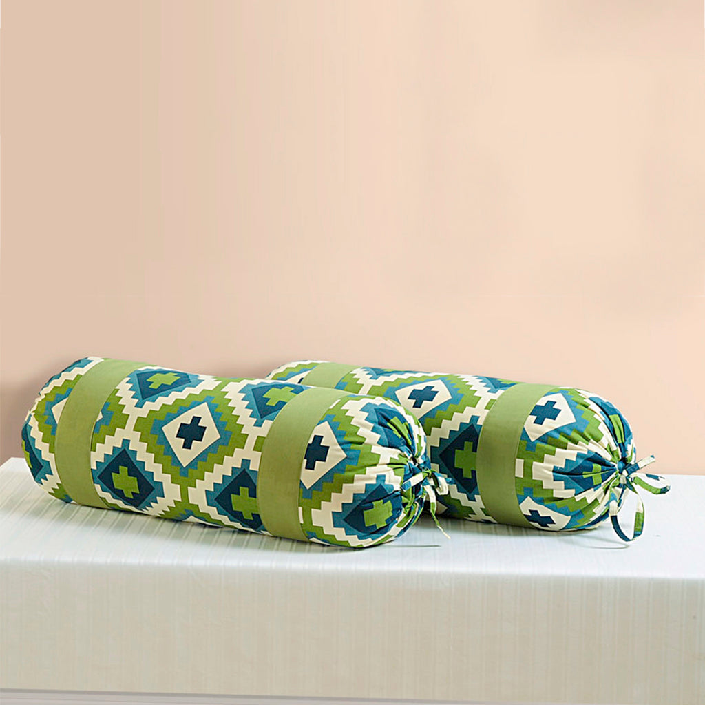 Geometric Printed Pure Cotton Green Bolster Covers 30 x 30 Inches Pack Of 2