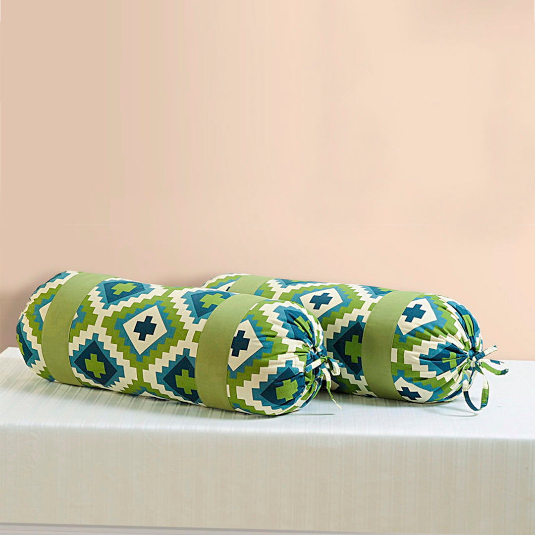 Geometric Printed Pure Cotton Green Bolster Covers 30 x 30 Inches Pack Of 2