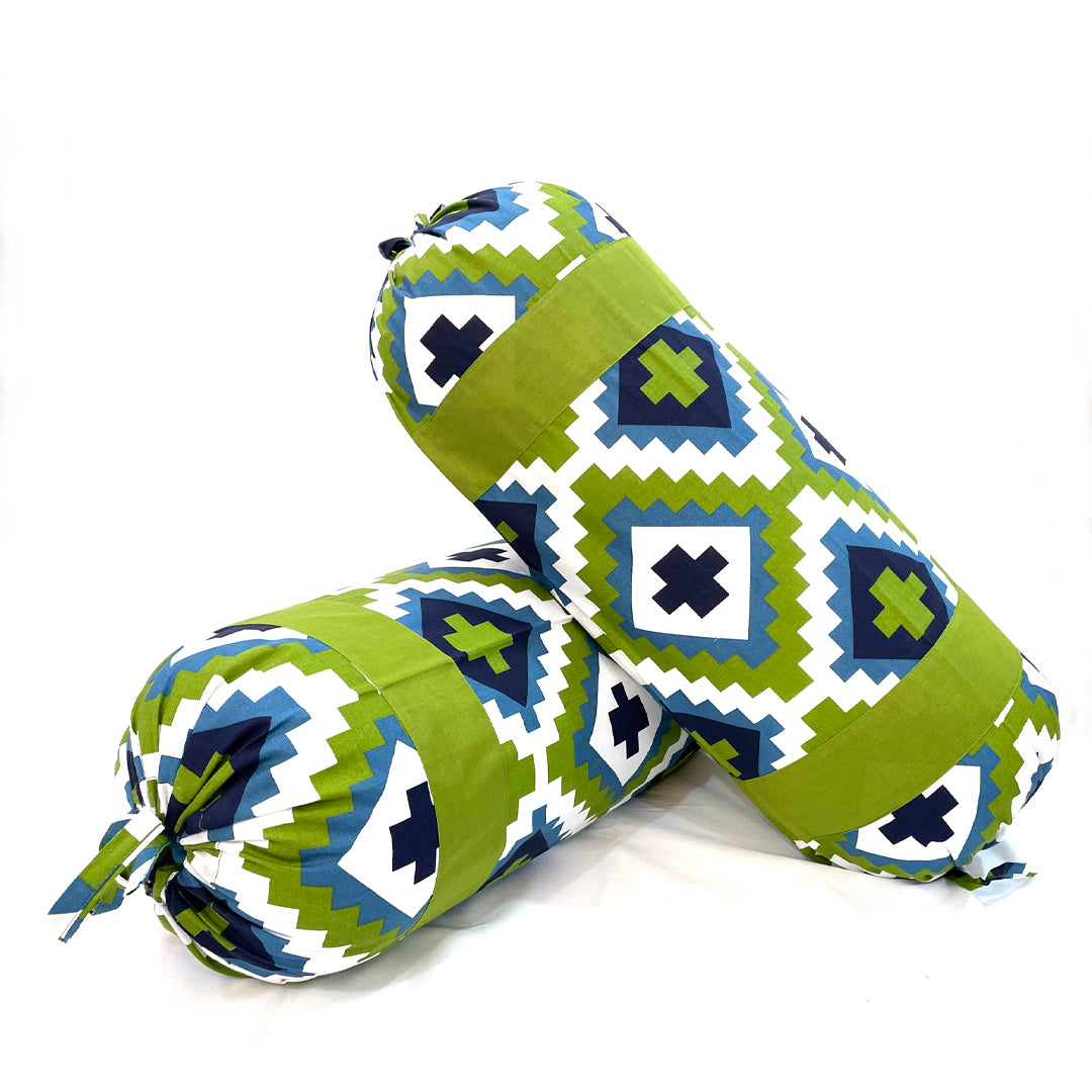 Geometric Printed Pure Cotton Green Bolster Covers 30 x 30 Inches Pack Of 2