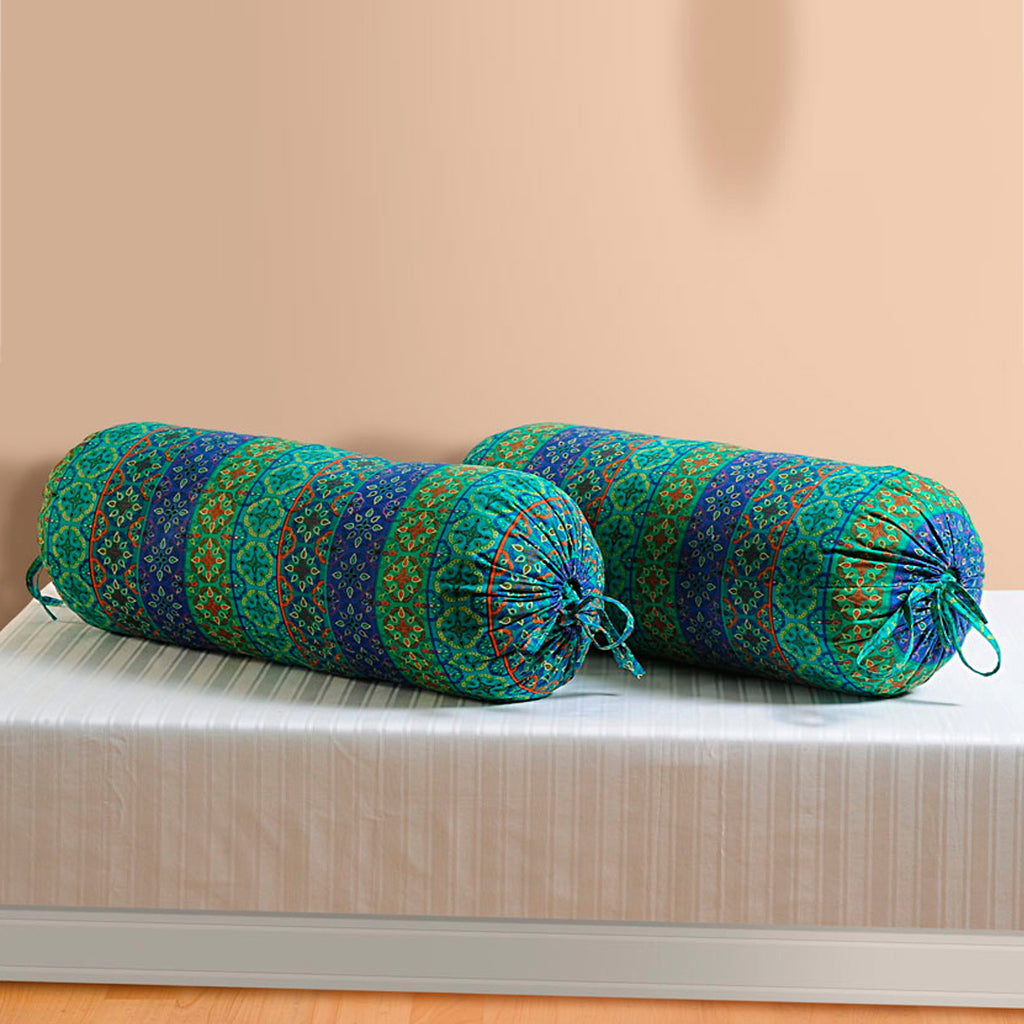 Ethnic Geometric Printed Pure Cotton Teal Bolster Covers 30 x 30 Inches Pack Of 2
