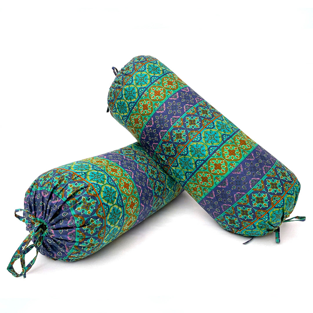 Ethnic Geometric Printed Pure Cotton Teal Bolster Covers 30 x 30 Inches Pack Of 2