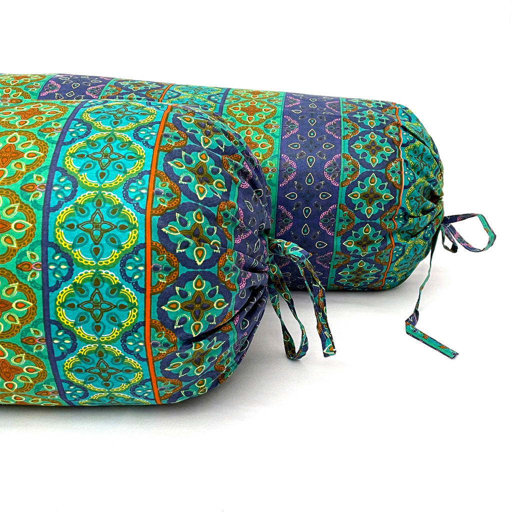 Ethnic Geometric Printed Pure Cotton Teal Bolster Covers 30 x 30 Inches Pack Of 2