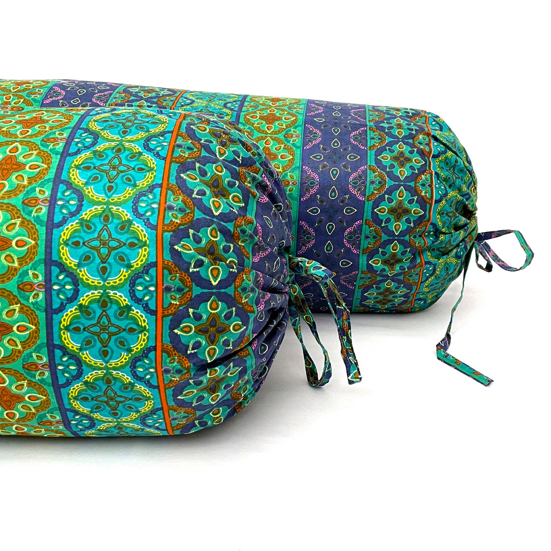 Ethnic Geometric Printed Pure Cotton Teal Bolster Covers 30 x 30 Inches Pack Of 2