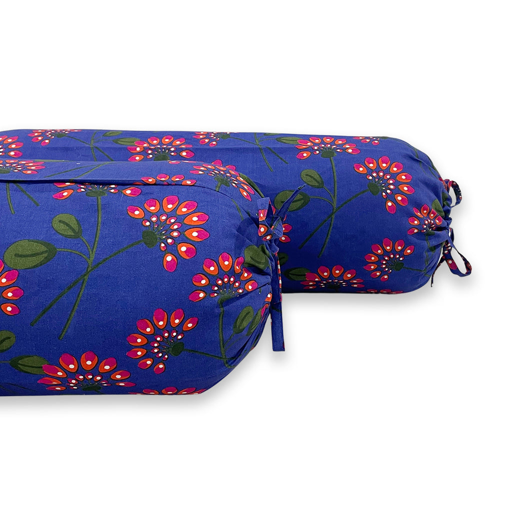 Floral Printed Pure Cotton Royal Blue Bolster Covers 30 x 30 Inches Pack Of 2