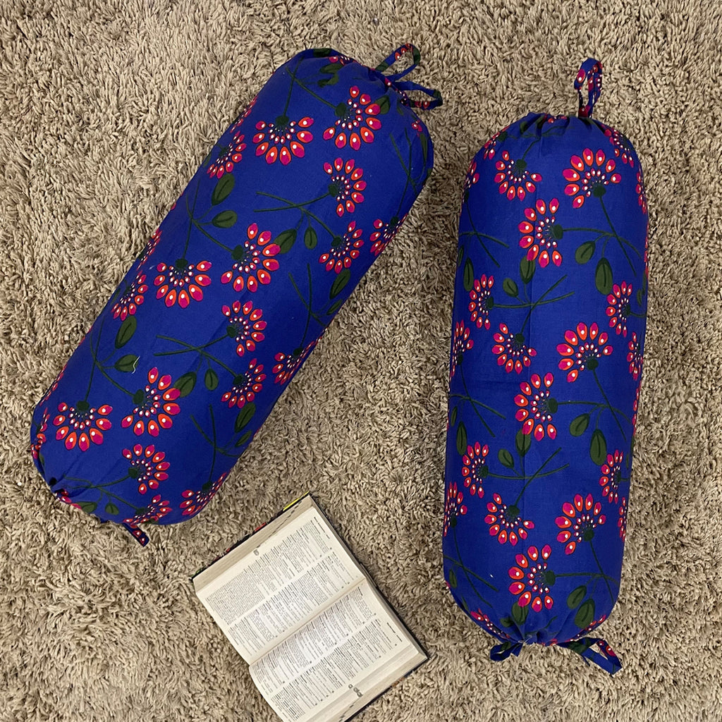 Floral Printed Pure Cotton Royal Blue Bolster Covers 30 x 30 Inches Pack Of 2