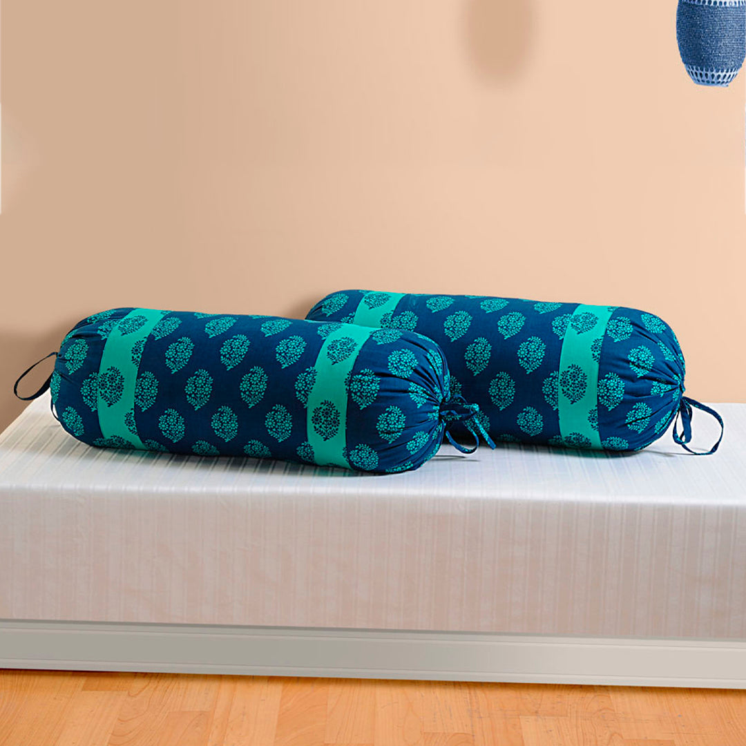 Floral Motif Printed Pure Cotton Navy Blue Bolster Covers 30 x 30 Inches Pack Of 2