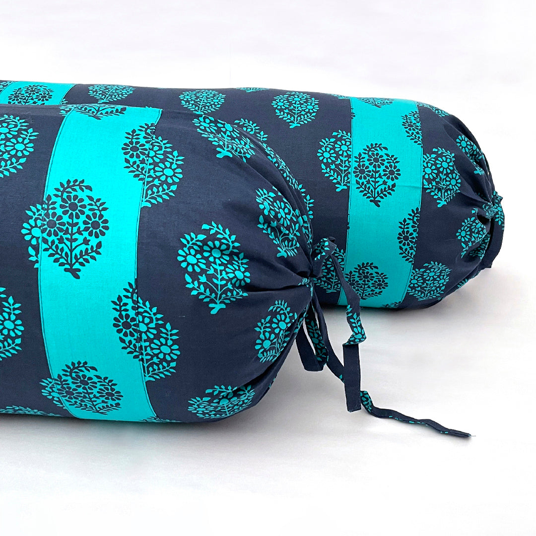 Floral Motif Printed Pure Cotton Navy Blue Bolster Covers 30 x 30 Inches Pack Of 2