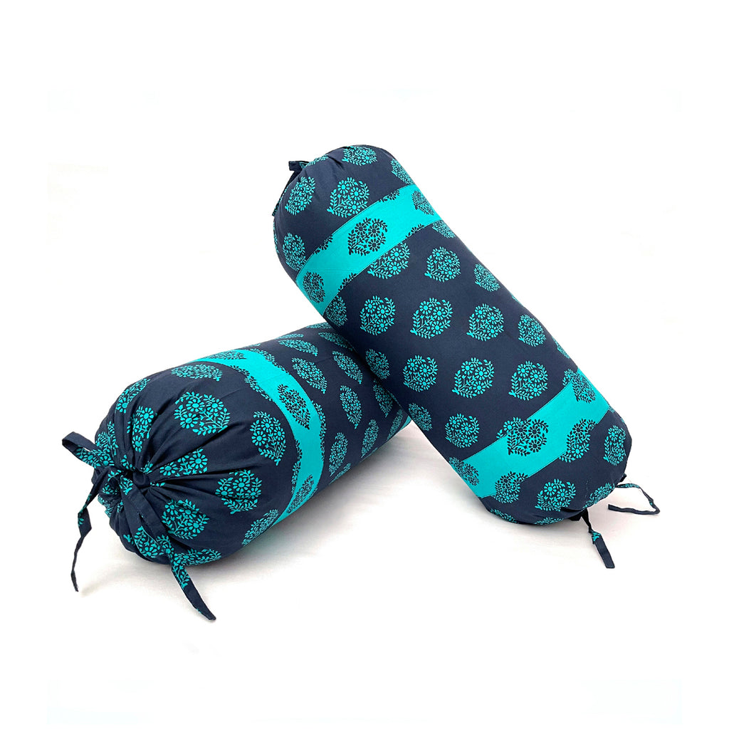 Floral Motif Printed Pure Cotton Navy Blue Bolster Covers 30 x 30 Inches Pack Of 2