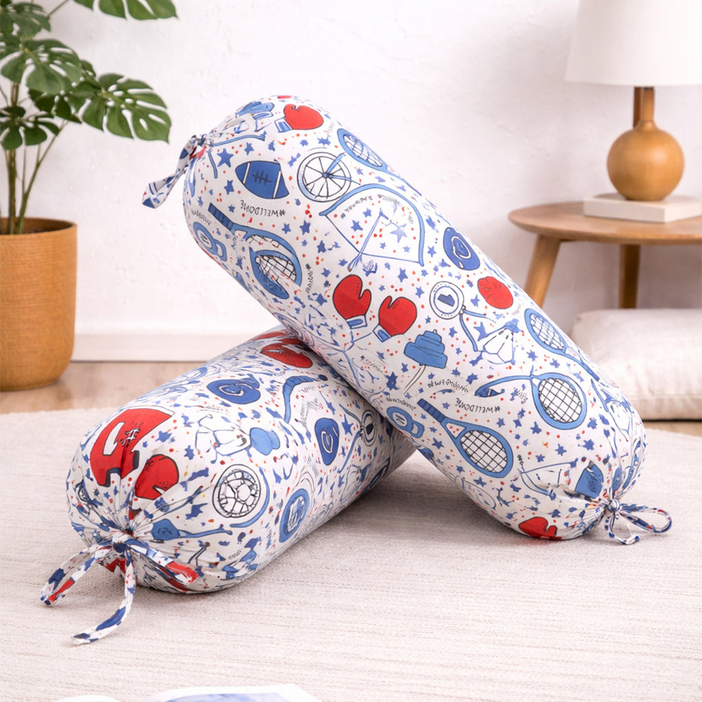 Sports Theme Printed Pure Cotton White Bolster Covers 30 x 30 Inches Pack Of 2