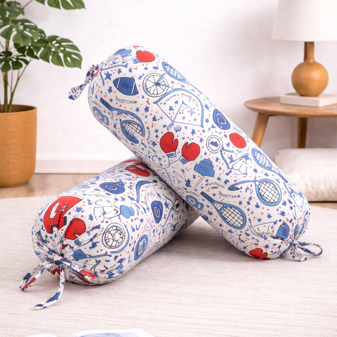 Sports Theme Printed Pure Cotton White Bolster Covers 30 x 30 Inches Pack Of 2
