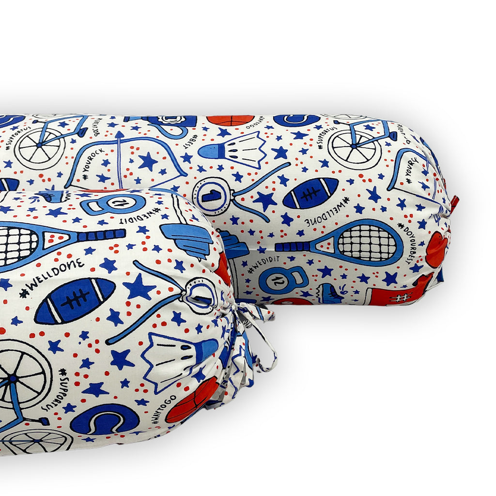 Sports Theme Printed Pure Cotton White Bolster Covers 30 x 30 Inches Pack Of 2