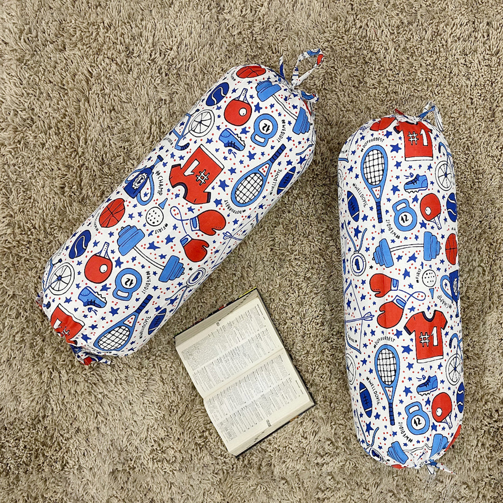 Sports Theme Printed Pure Cotton White Bolster Covers 30 x 30 Inches Pack Of 2