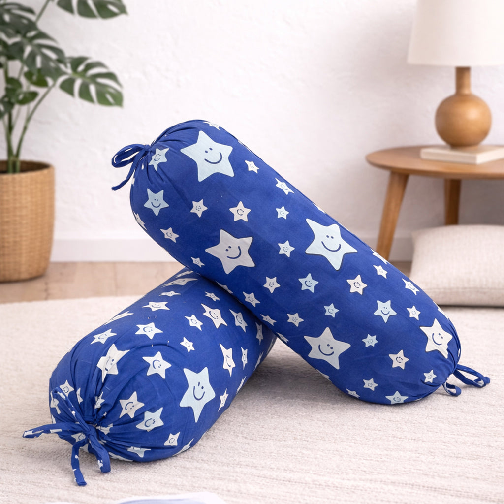 Star Printed Pure Cotton Royal Blue Bolster Covers 30 x 30 Inches Pack Of 2