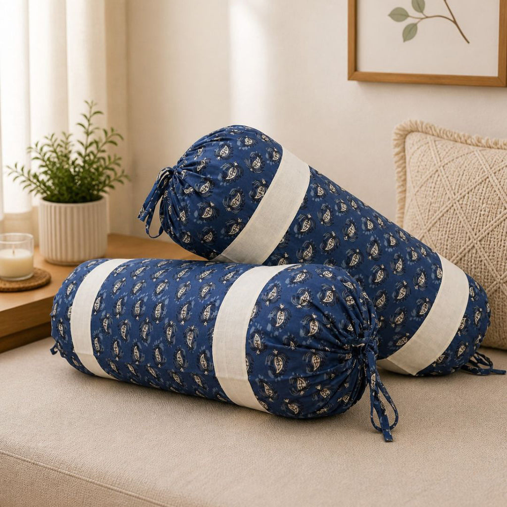 Ethnic Motif Printed Pure Cotton Navy Blue Bolster Covers 30 x 30 Inches Pack Of 2