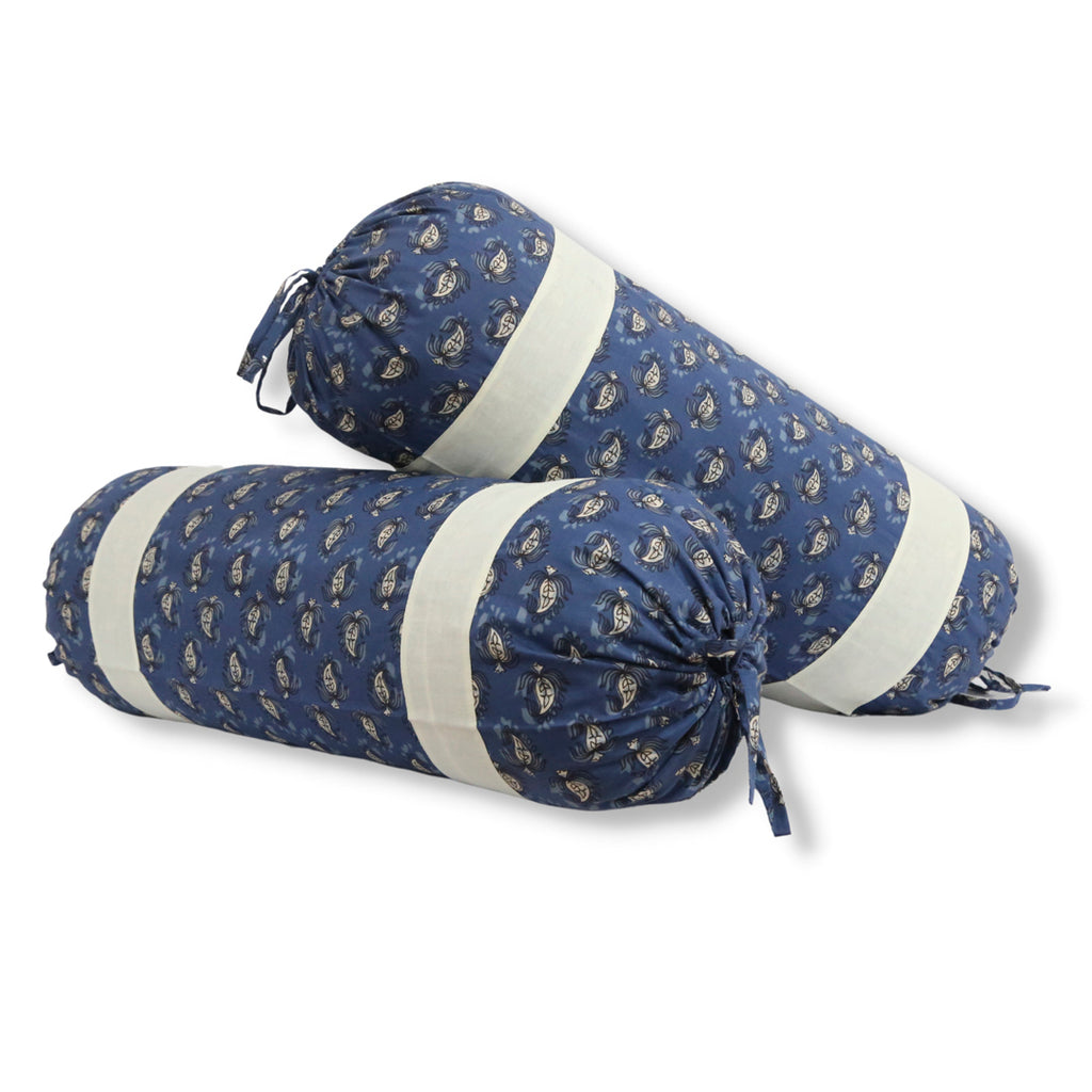 Ethnic Motif Printed Pure Cotton Navy Blue Bolster Covers 30 x 30 Inches Pack Of 2