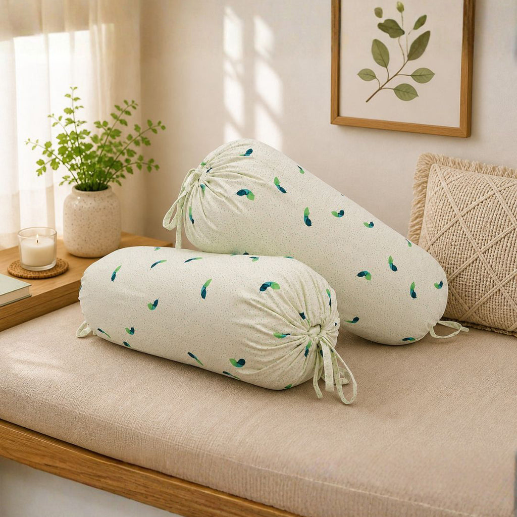 Minimal Leaf Printed Pure Cotton Cream Bolster Covers 30 x 30 Inches Pack Of 2