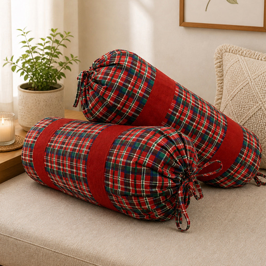 Check Printed Pure Cotton Red Bolster Covers 30 x 30 Inches Pack Of 2