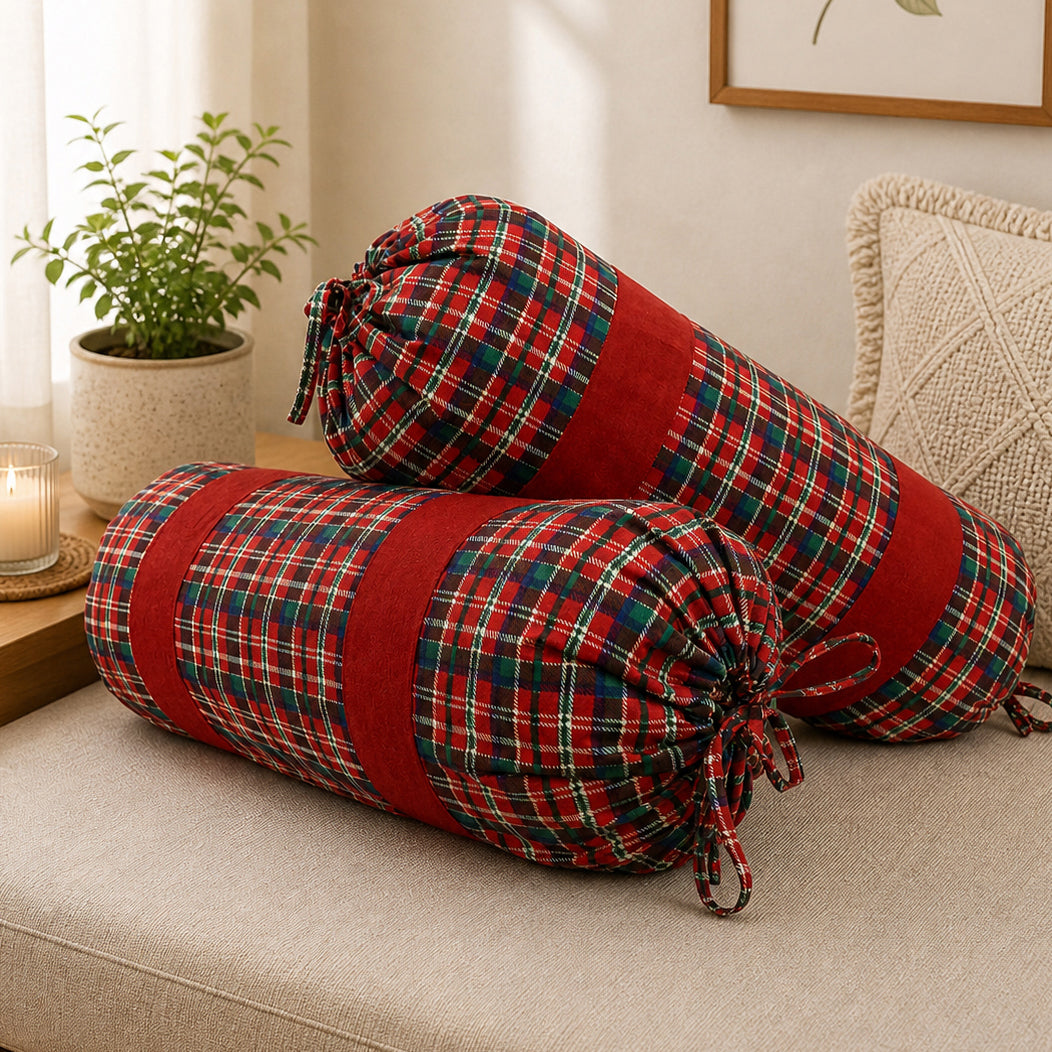 Check Printed Pure Cotton Red Bolster Covers 30 x 30 Inches Pack Of 2