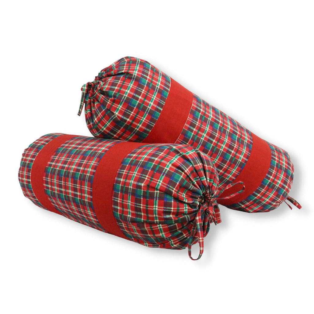 Check Printed Pure Cotton Red Bolster Covers 30 x 30 Inches Pack Of 2