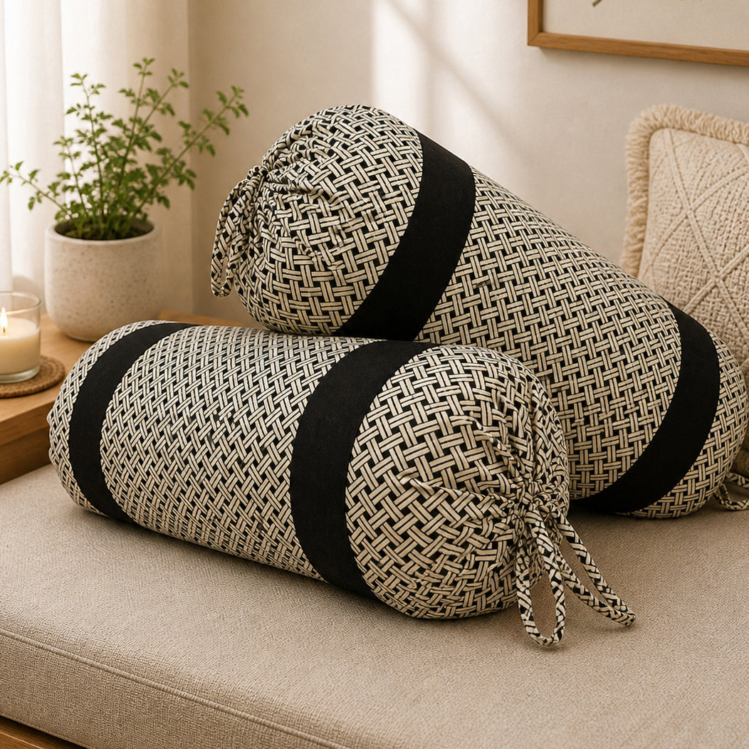 Woven Geometric Printed Pure Cotton Black Bolster Covers 30 x 30 Inches Pack Of 2