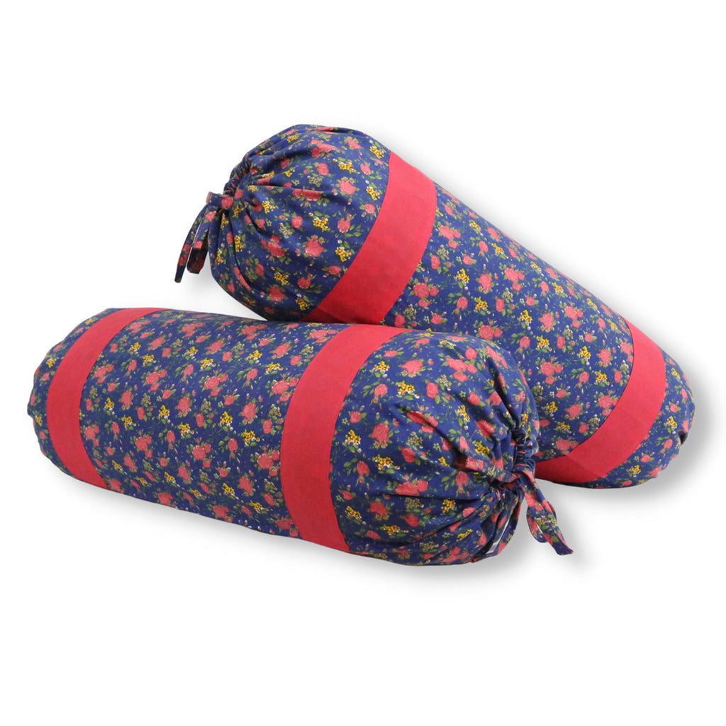 Floral Printed Pure Cotton Navy Blue Bolster Covers 30 x 30 Inches Pack Of 2