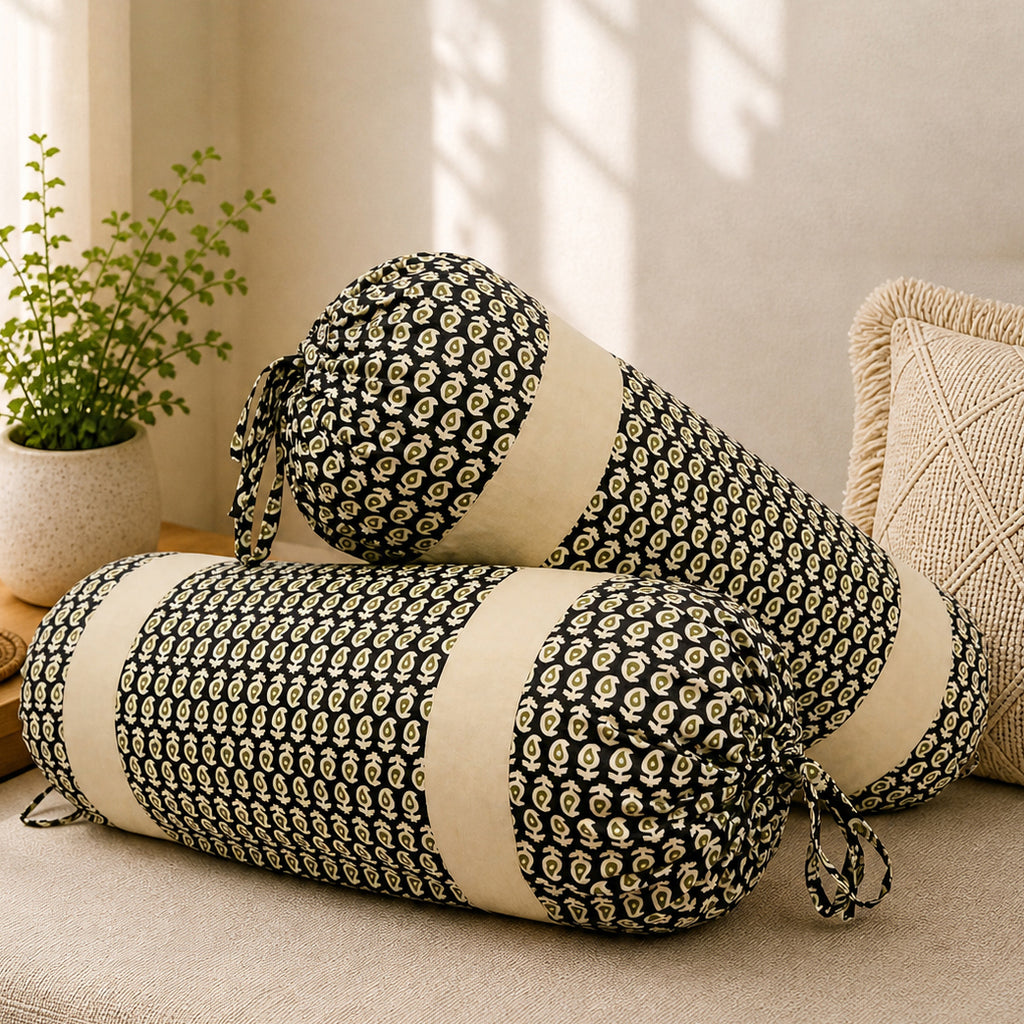 Ethnic Motif Printed Pure Cotton Black Bolster Covers 30 x 30 Inches Pack Of 2