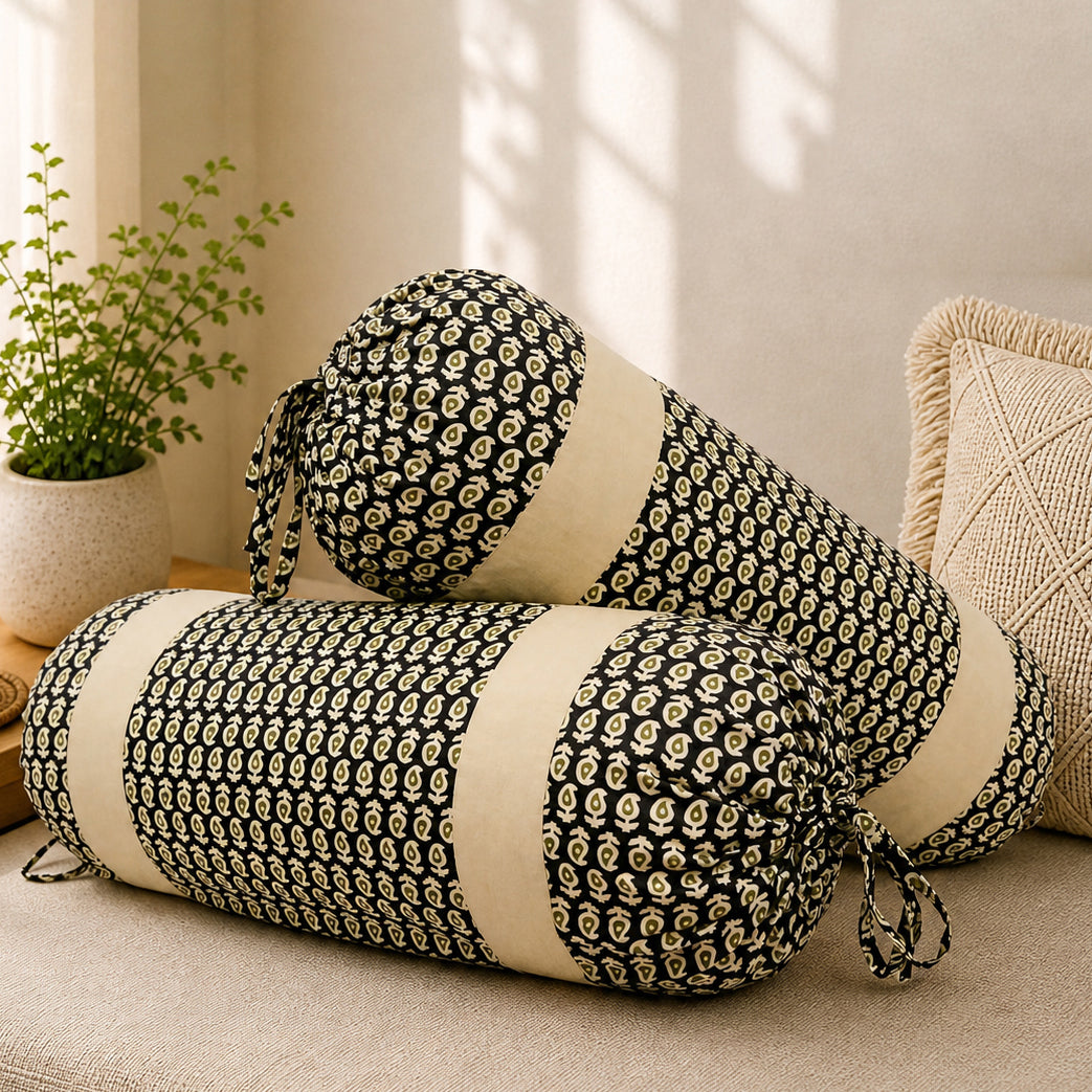 Ethnic Motif Printed Pure Cotton Black Bolster Covers 30 x 30 Inches Pack Of 2