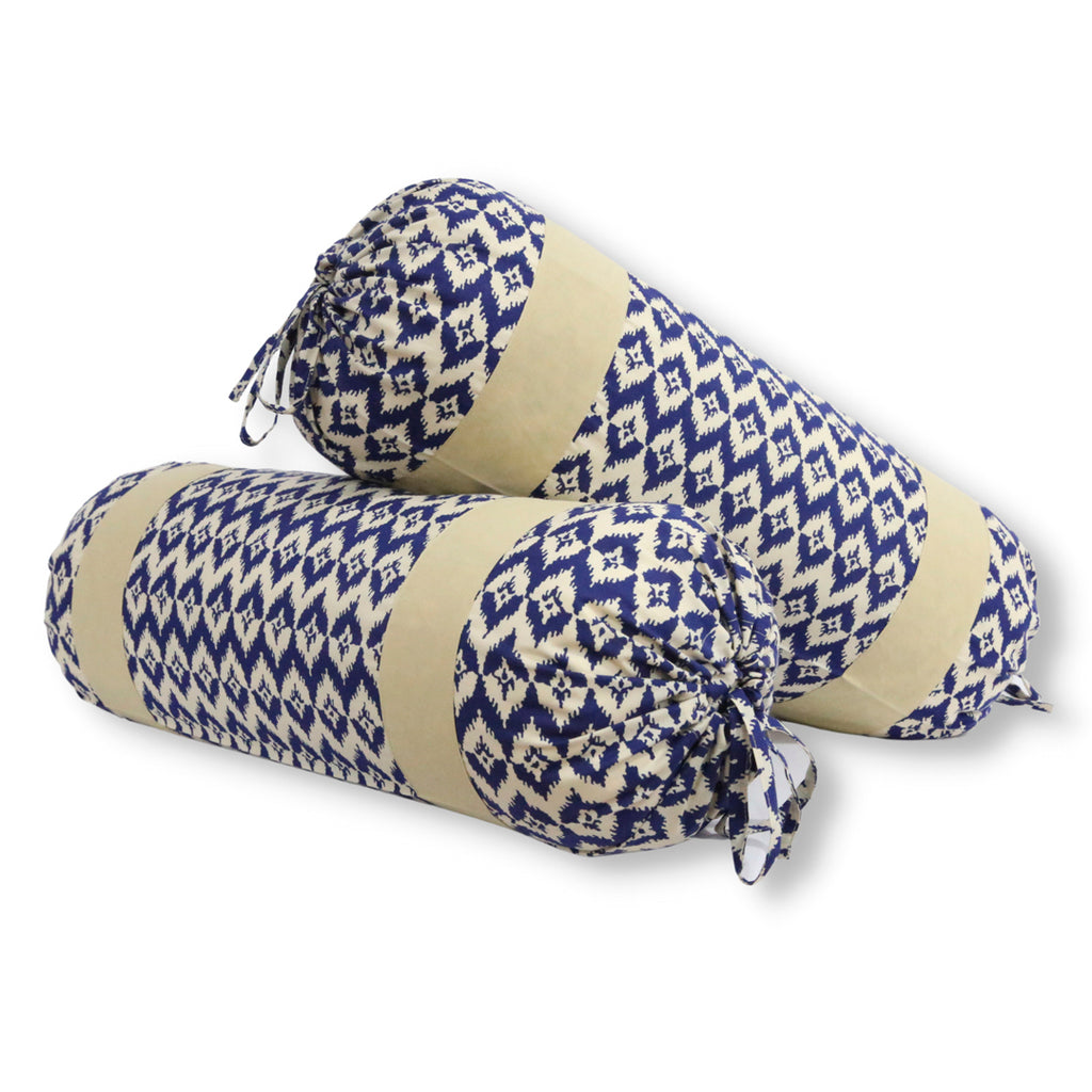 Ikat Geometric Printed Pure Cotton Blue Bolster Covers 30 x 30 Inches Pack Of 2
