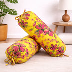 Floral Printed Pure Cotton Yellow Bolster Covers 30 x 30 Inches Pack Of 2