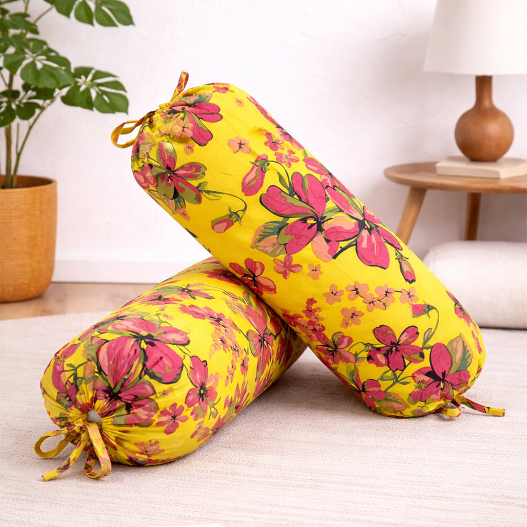 Floral Printed Pure Cotton Yellow Bolster Covers 30 x 30 Inches Pack Of 2