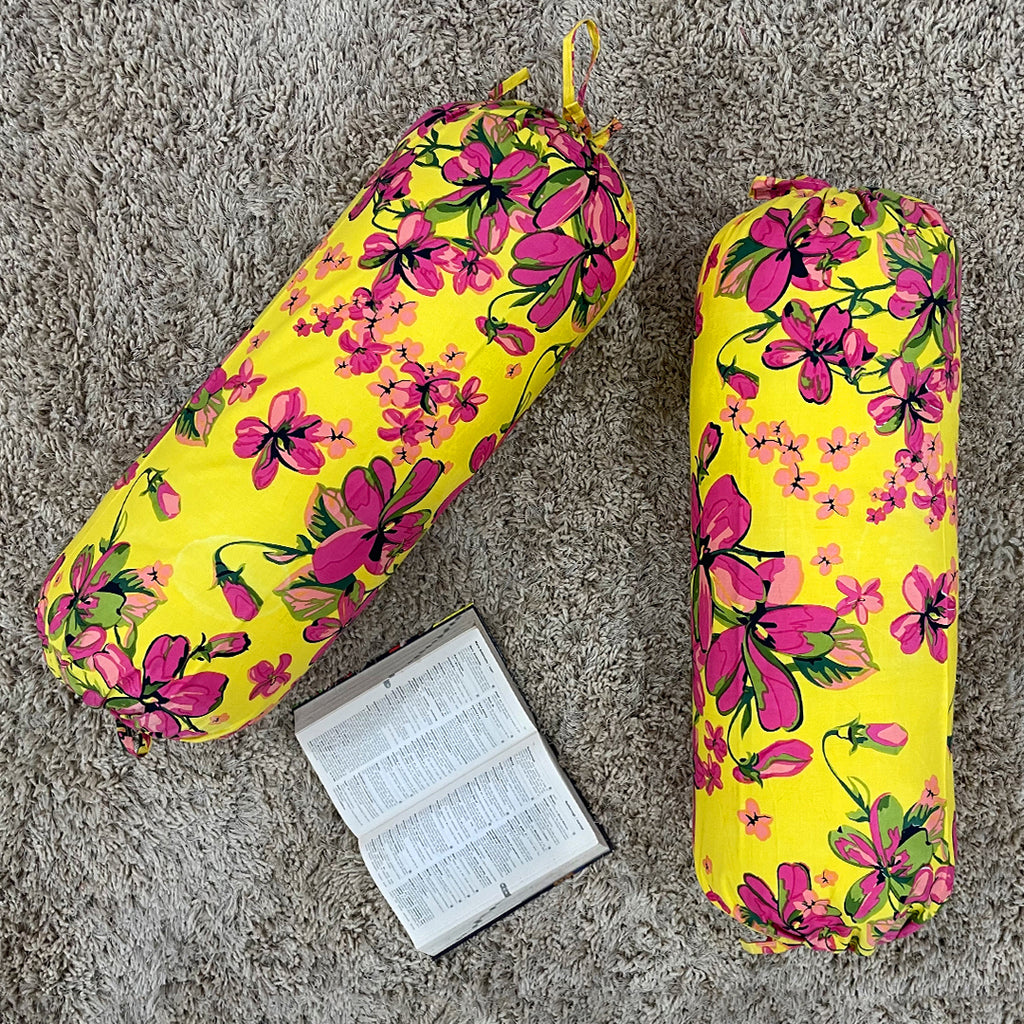 Floral Printed Pure Cotton Yellow Bolster Covers 30 x 30 Inches Pack Of 2