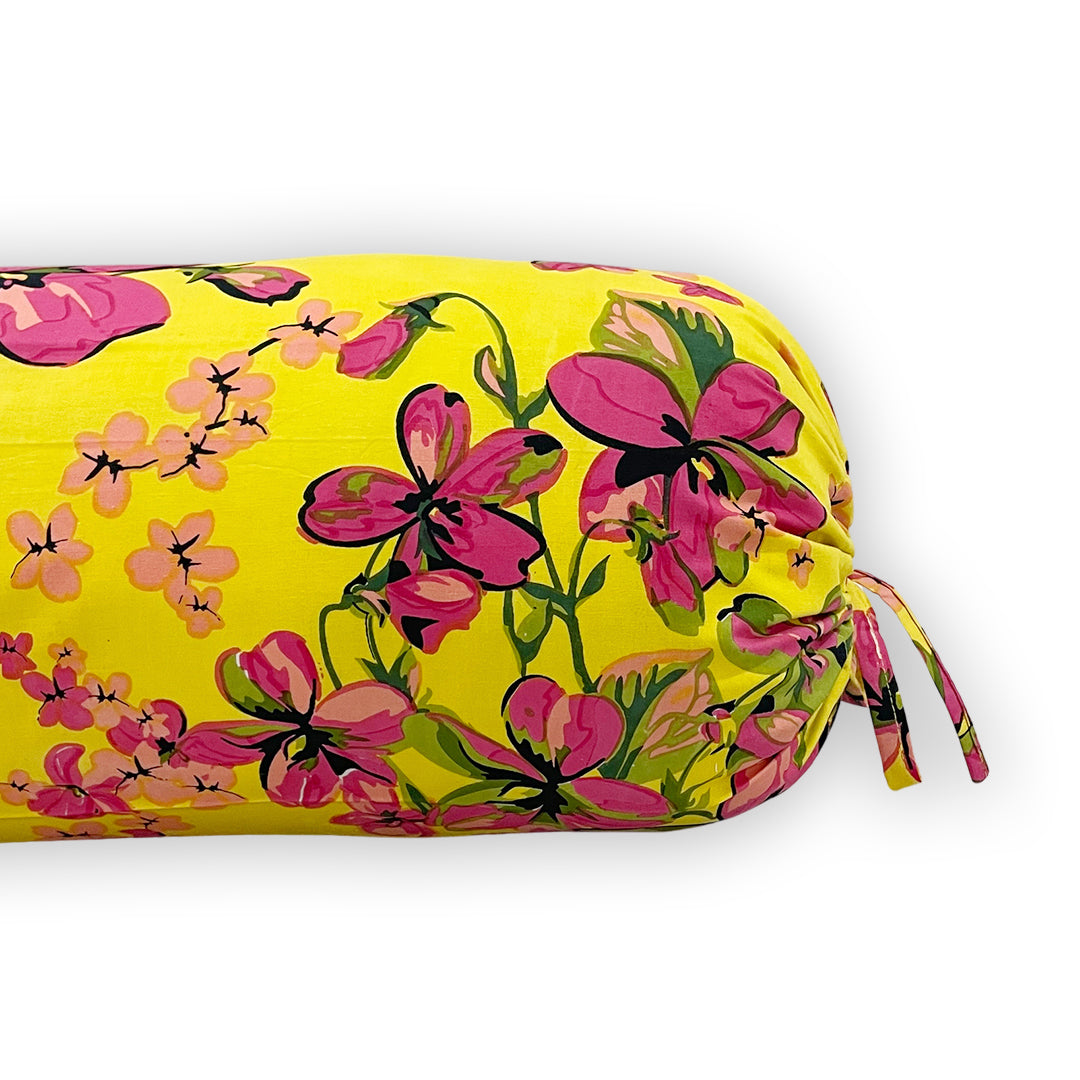 Floral Printed Pure Cotton Yellow Bolster Covers 30 x 30 Inches Pack Of 2
