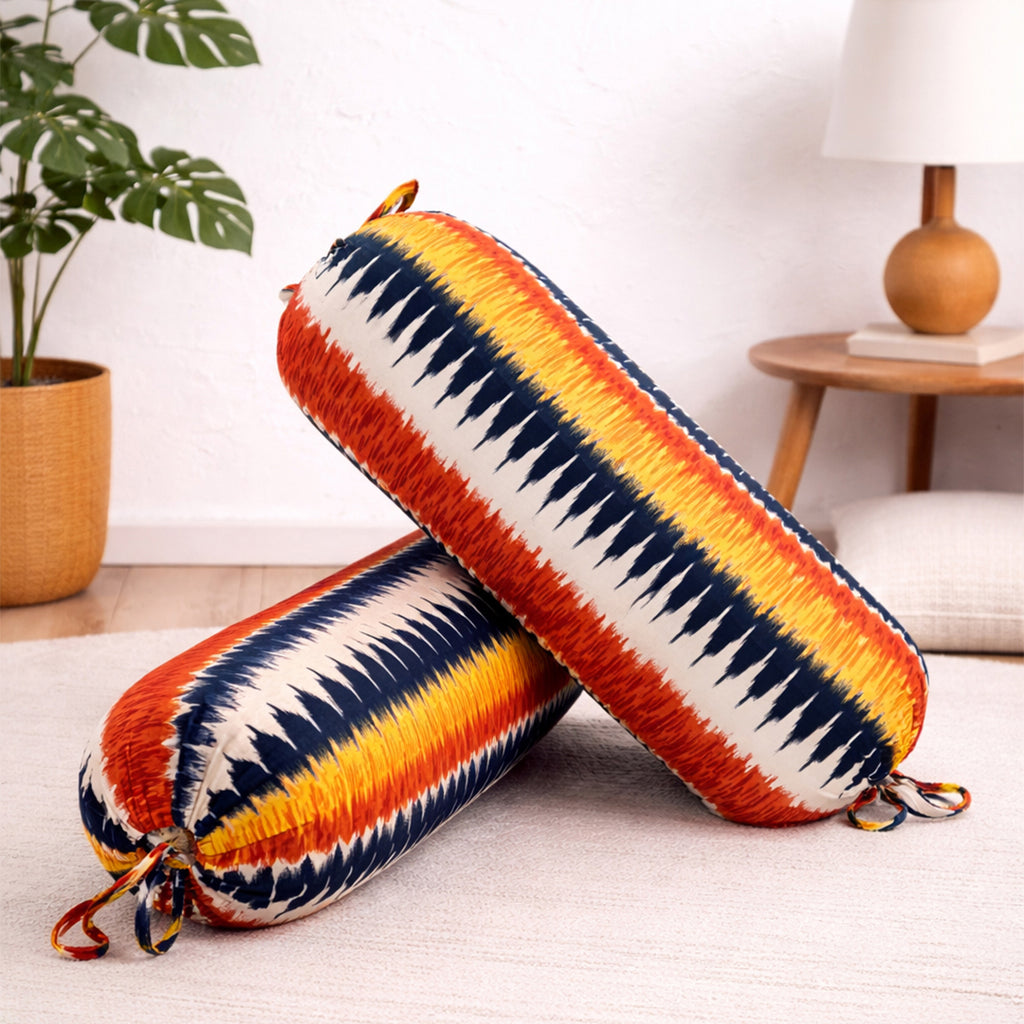 Ikat Stripe Printed Pure Cotton Orange Bolster Covers 30 x 30 Inches Pack Of 2