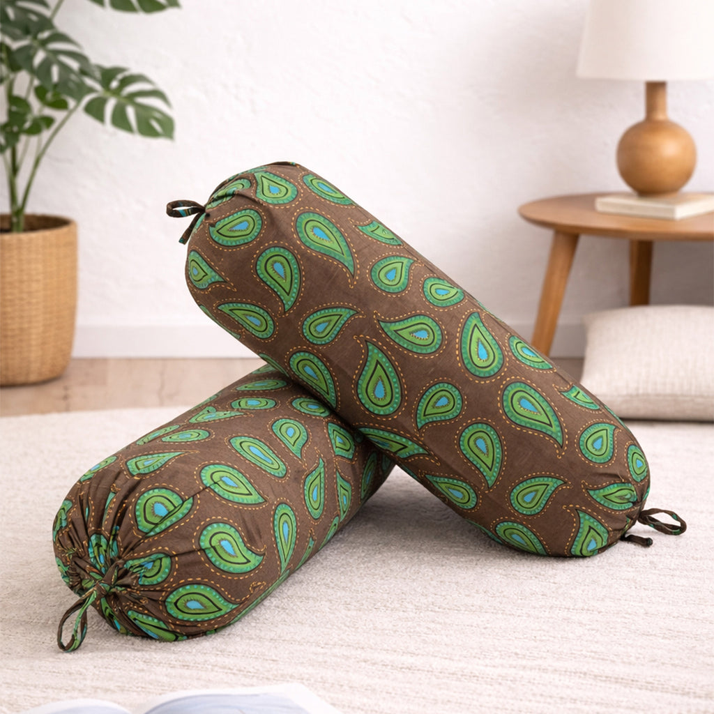 Paisley Printed Pure Cotton Brwon Bolster Covers 30 x 30 Inches Pack Of 2