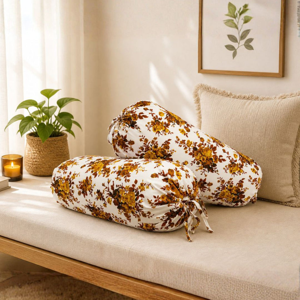 Floral Printed Pure Cotton White Bolster Covers 30 x 30 Inches Pack Of 2